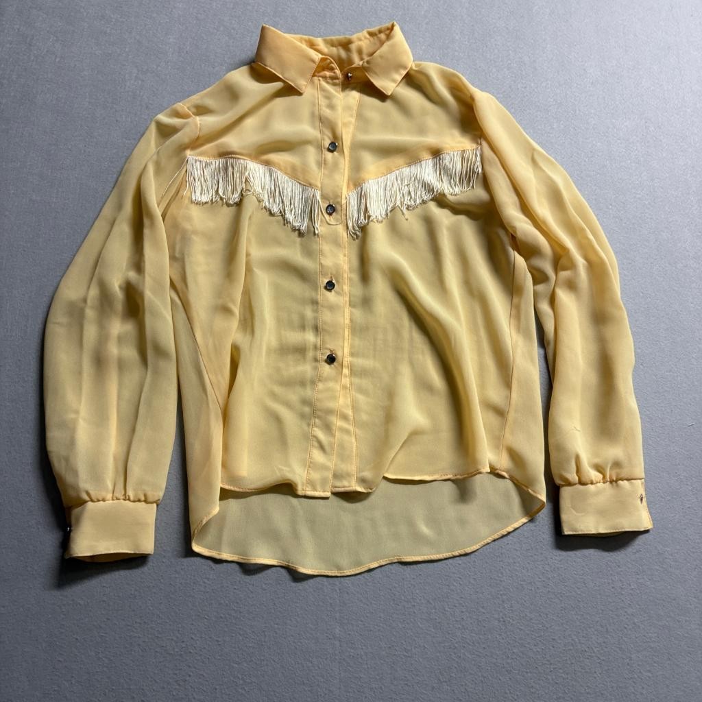Marie France Paris Vintage Yellow Western Fringe Blouse Sheer Long Sleeve Large
