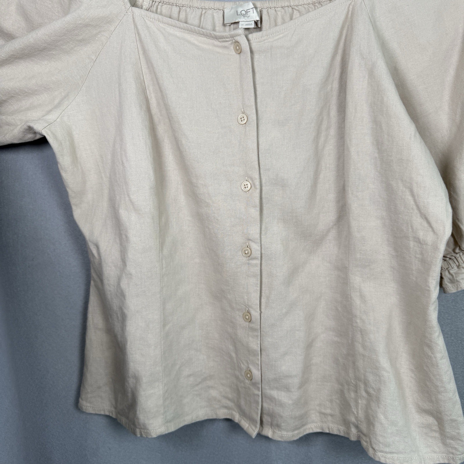 Peasant Top Boho Hippie Puff Sleeve Fitted Waist Beige Linen Blend Sz M