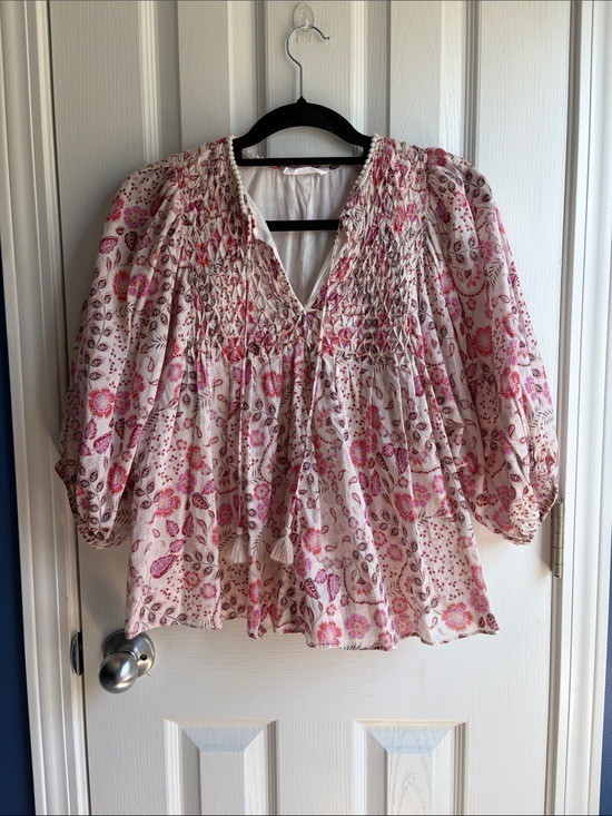 Talulah Pink Floral Smocked Peasant Boho Blouse Top Size Small