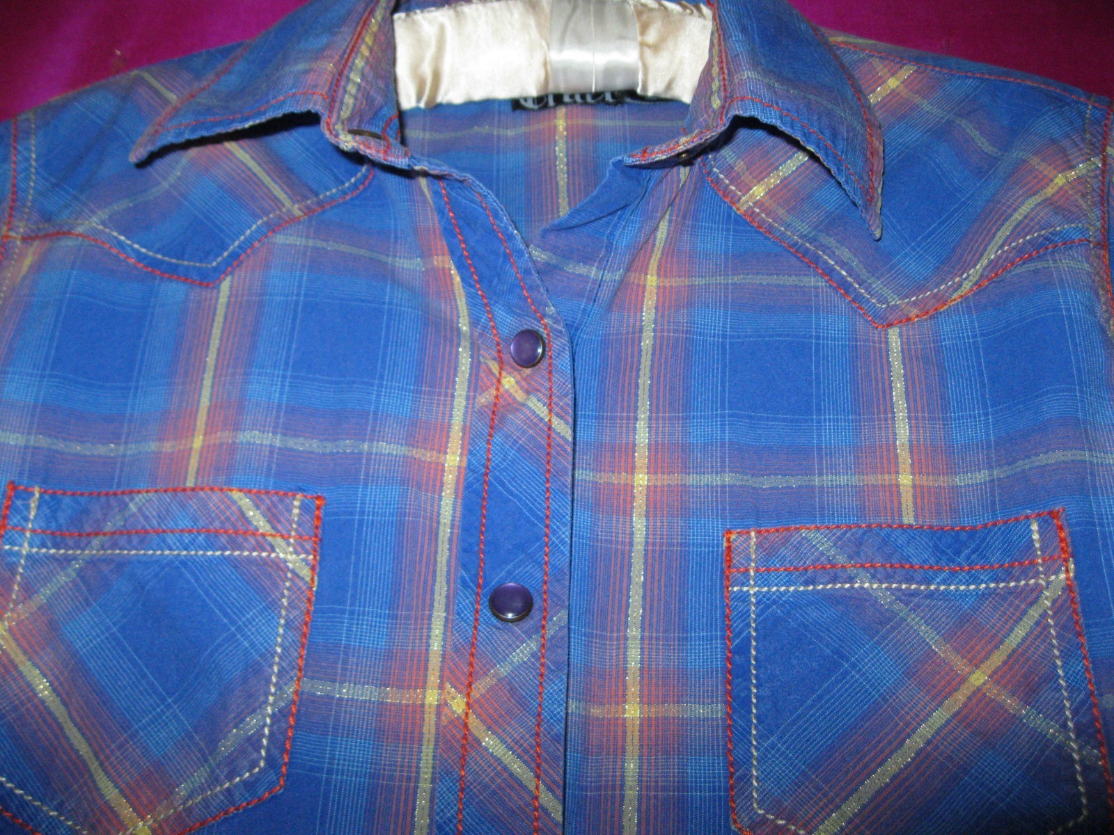CRUEL GIRL LABEL, WESTERN STYLE SHIRT, SZ. M.,BLUE/PINK PLAID COTTON, W/ SNAPS