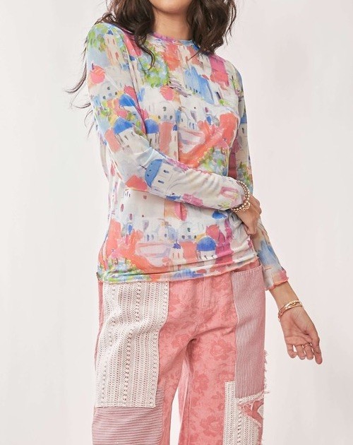 Women’s Abstract Santorini Mesh Top Size Medium Boutique Top Euro Summer