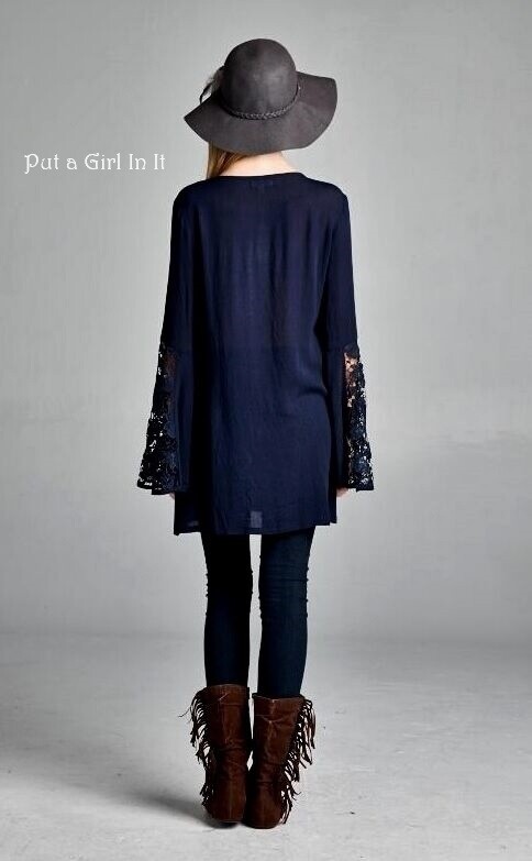 New Womens VELZERA Plus Size NAVY BLUE CROCHETED LACE SHIRT TUNIC S M 1X 2X