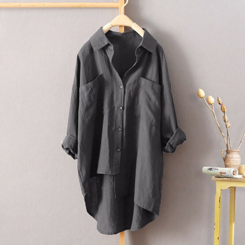 Blouse Ladies Long T Shirt Womens Linen Blouse Cotton Button Tops Dresses