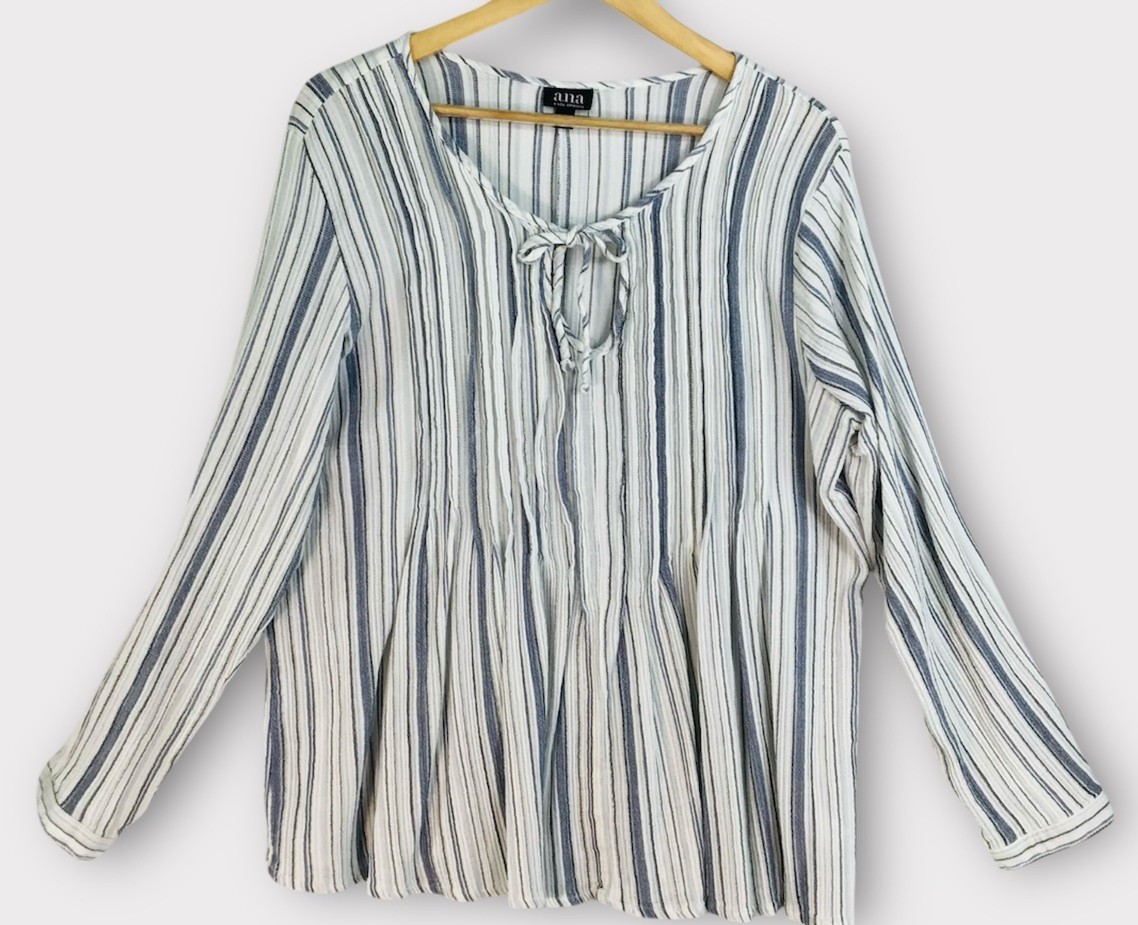 a.n.a. Striped Peasant Blouse Women’s L Boho Cottage core Cotton Baby doll Top
