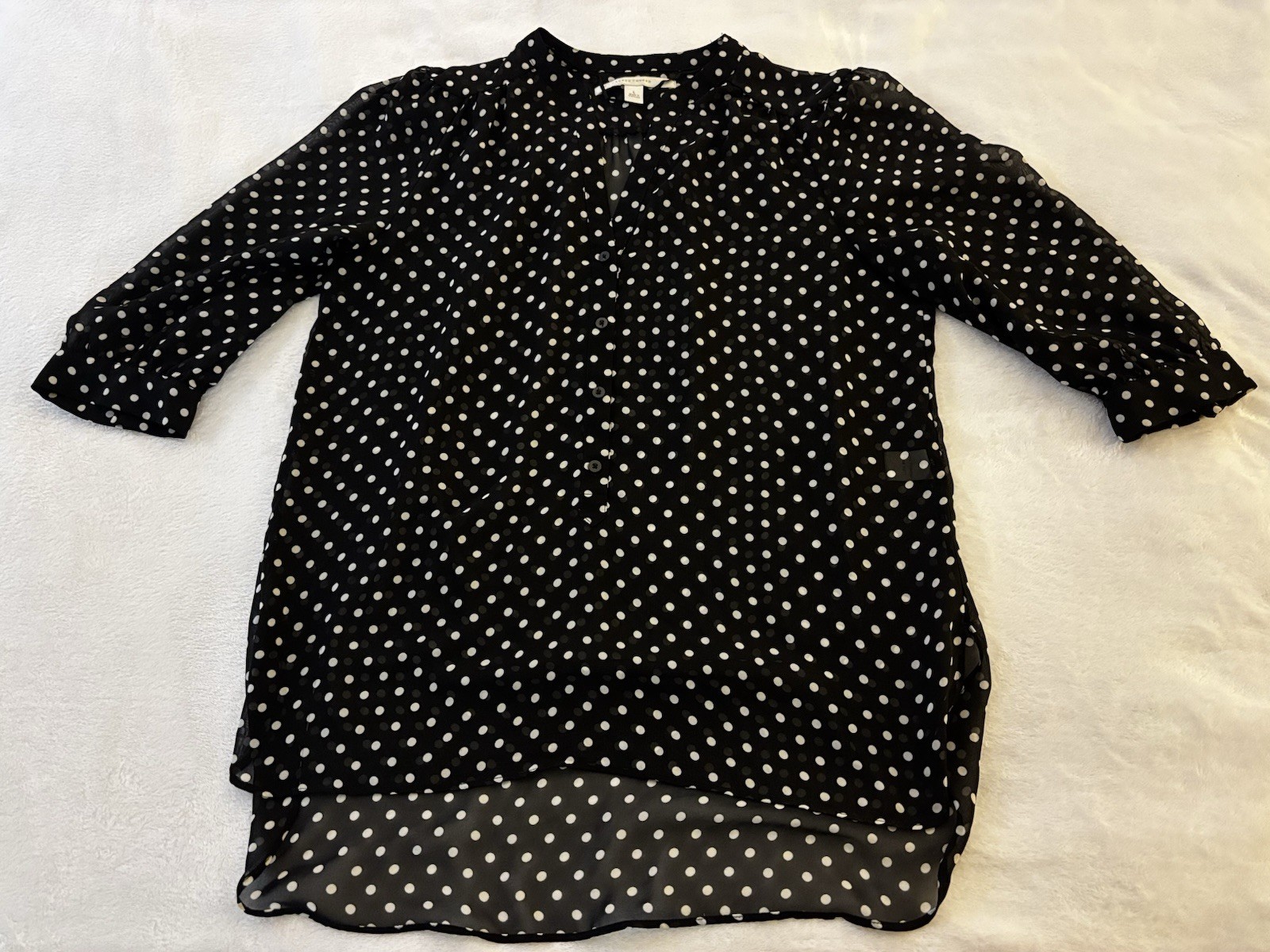 LC Lauren Conrad Sz L Black Sheer Blouse Tunic HiLow 3/4 Sleeve White Polka Dots