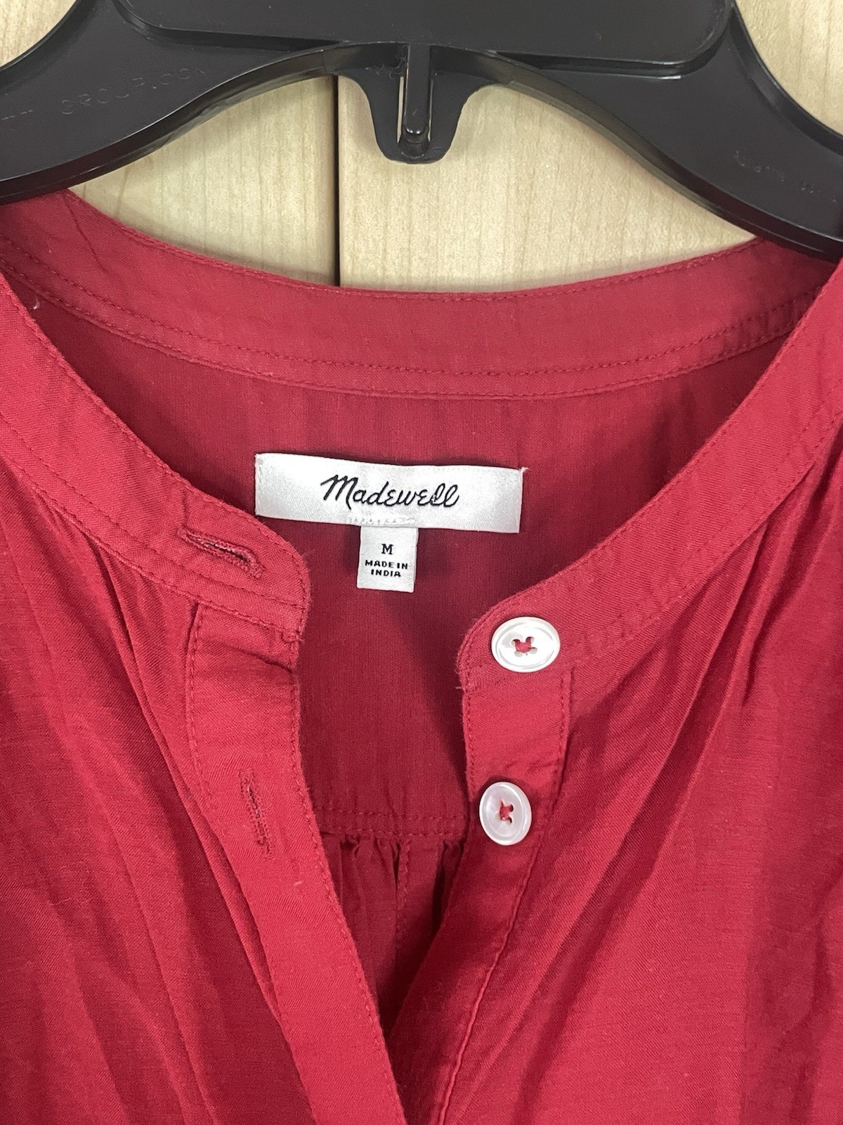 MADEWELL Shirred Balloon-Sleeve Top M Red Button-Up Blouse New Boho Peasant