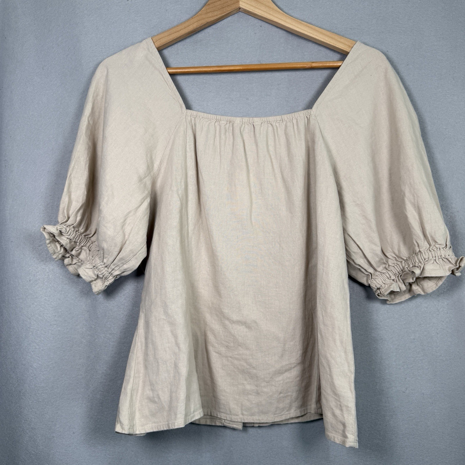 Peasant Top Boho Hippie Puff Sleeve Fitted Waist Beige Linen Blend Sz M