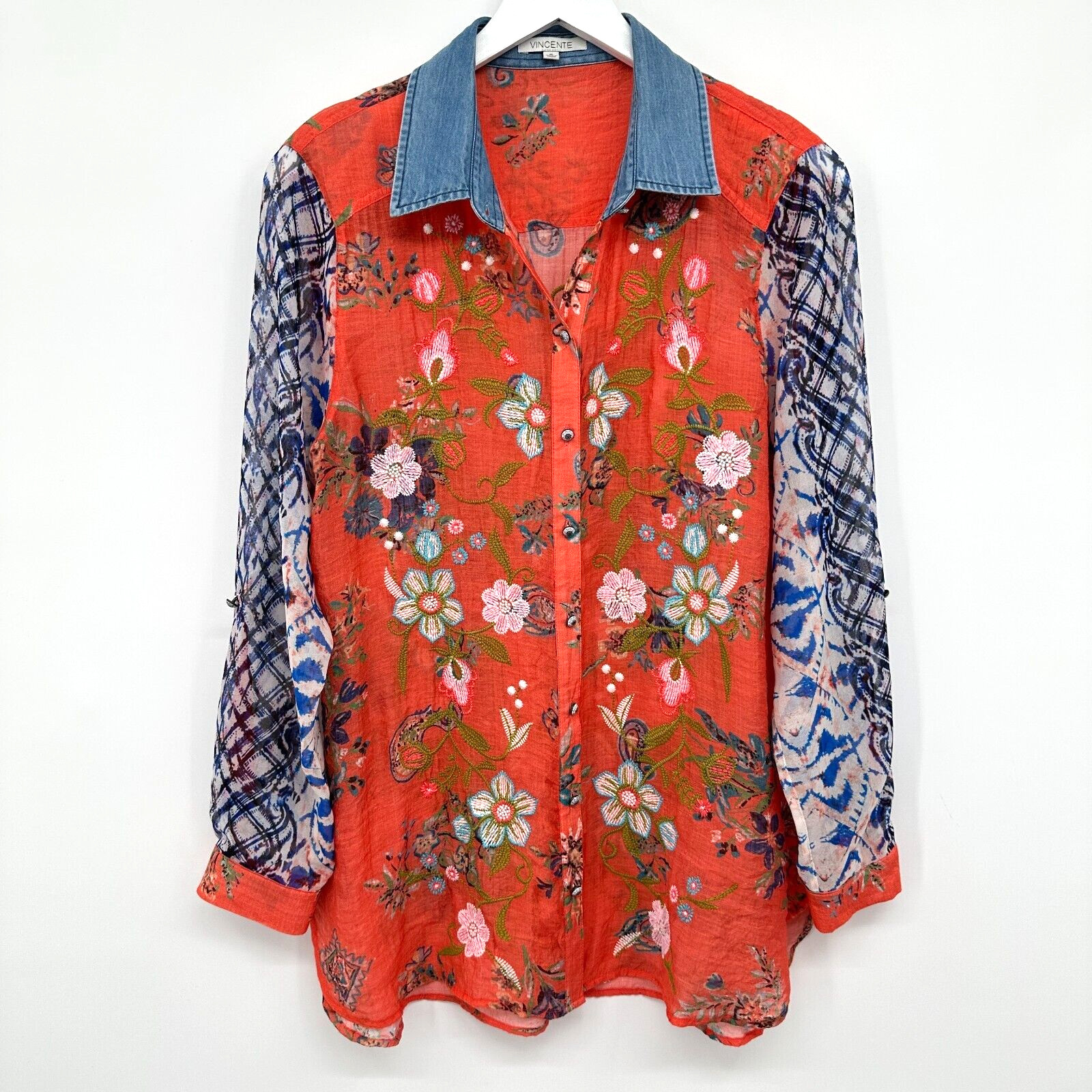 Vincente Tunic Top Shirt Small Embroidered Sheer Romantic Artsy Garden Party