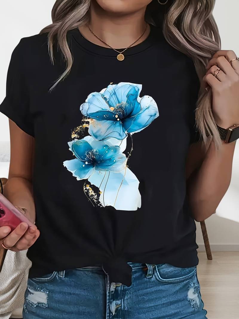 Casual Women Cotton Floral T-Shirt Short Sleeve Top Summer Flower Boho Fashion♮