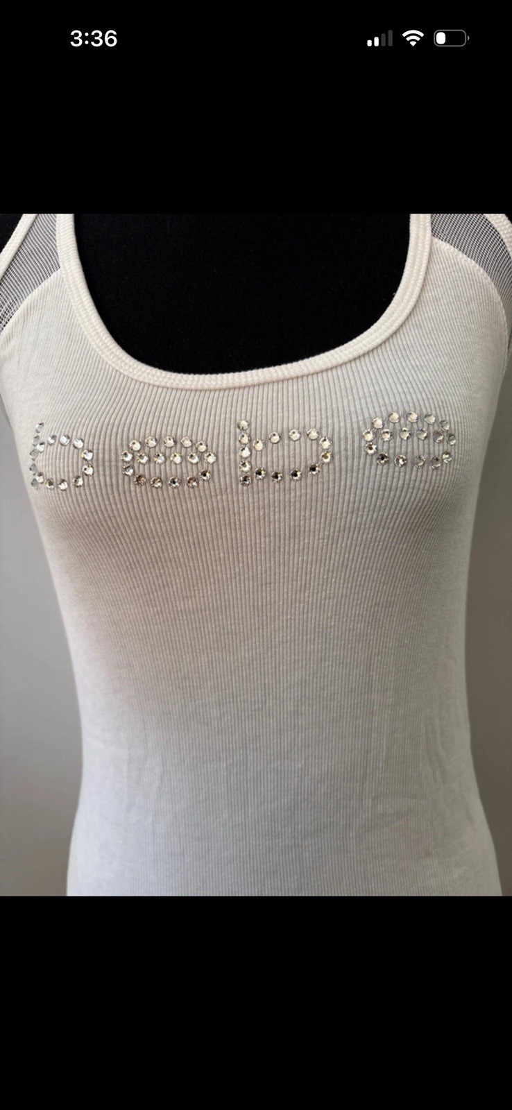 Bebe Women’s White Ribbed Knit Rhinestone Logo Racerback Tank Top Scoop Neck L