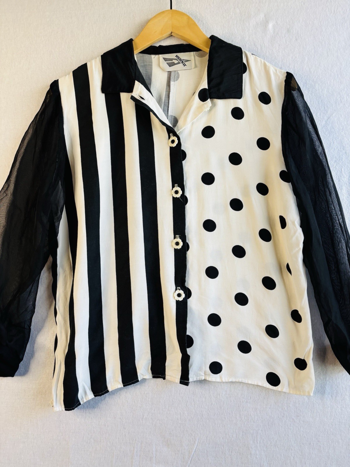Vintage 90s Highway USA Rayon Polka Dot Stripe Blouse Sheer Sleeves Daisy Medium