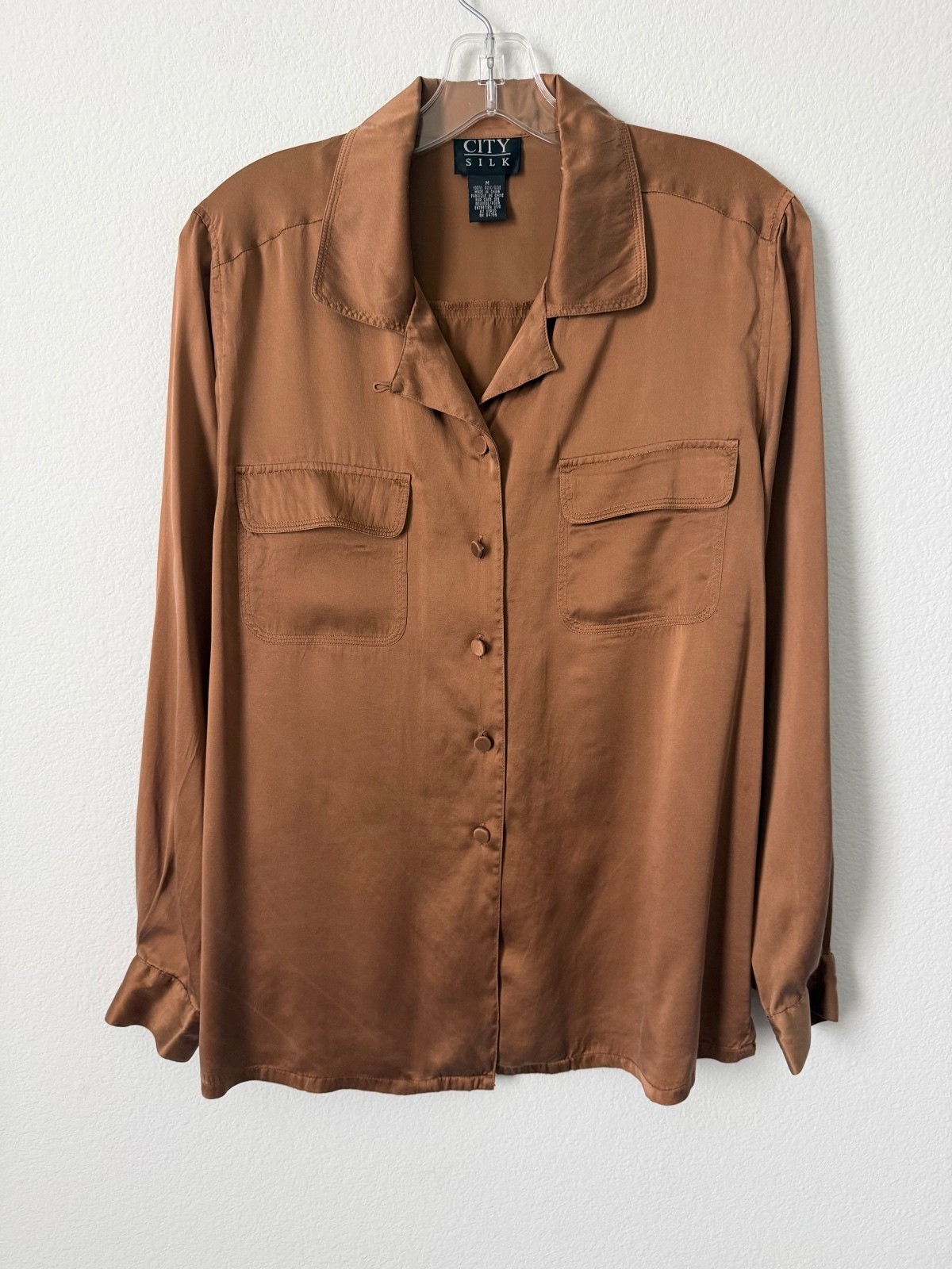 CITY SILK 100% Silk Long Sleeve Button Front Camp Collar Brown Blouse Size M