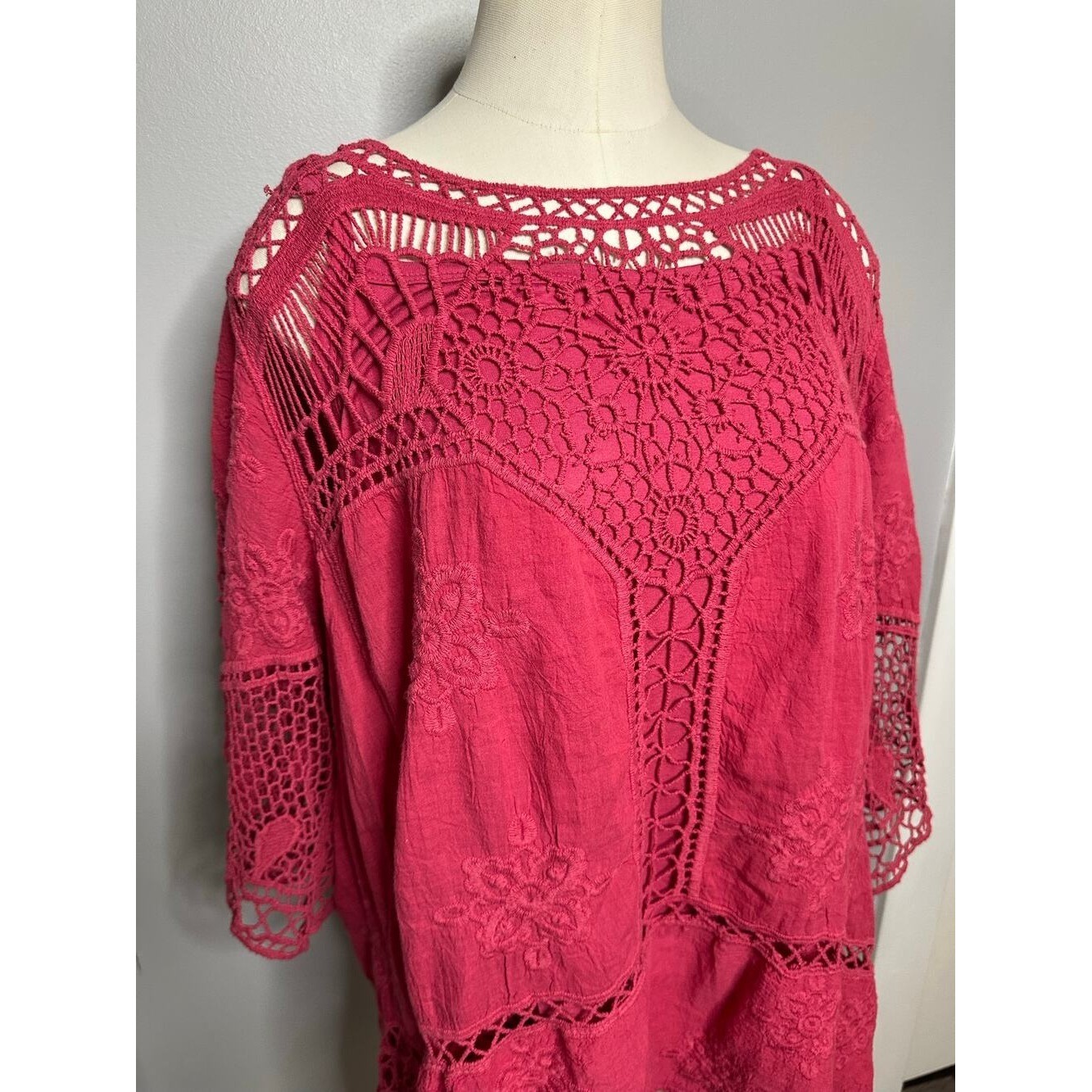 Democracy Pink Crochet & Embroidered Boho Tunic Blouse 3X