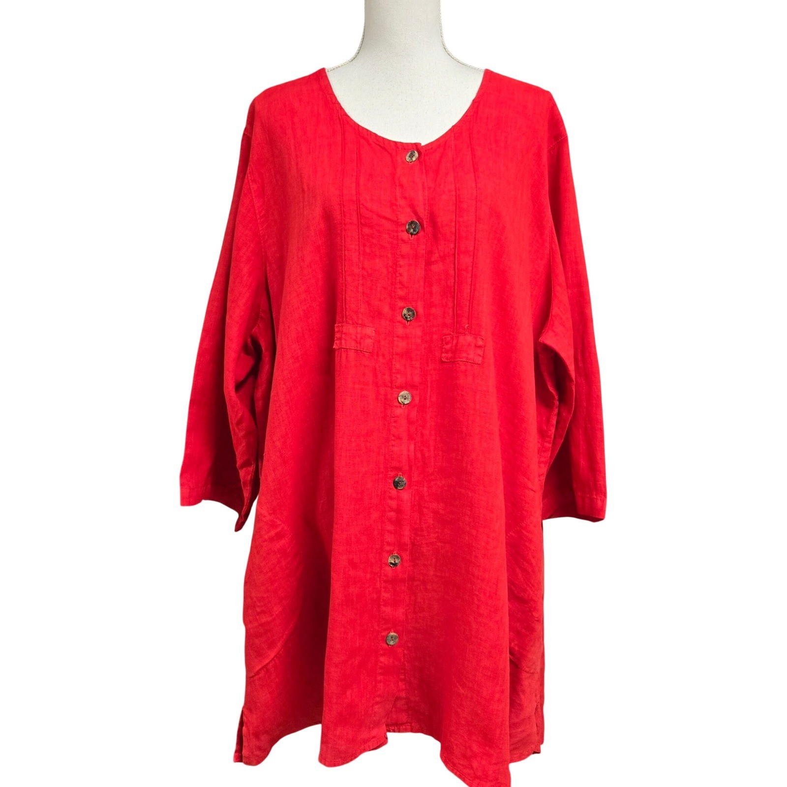 CMC Color Me Cotton Red 100% Linen Button Front Tunic Top Pockets USA Made XXL