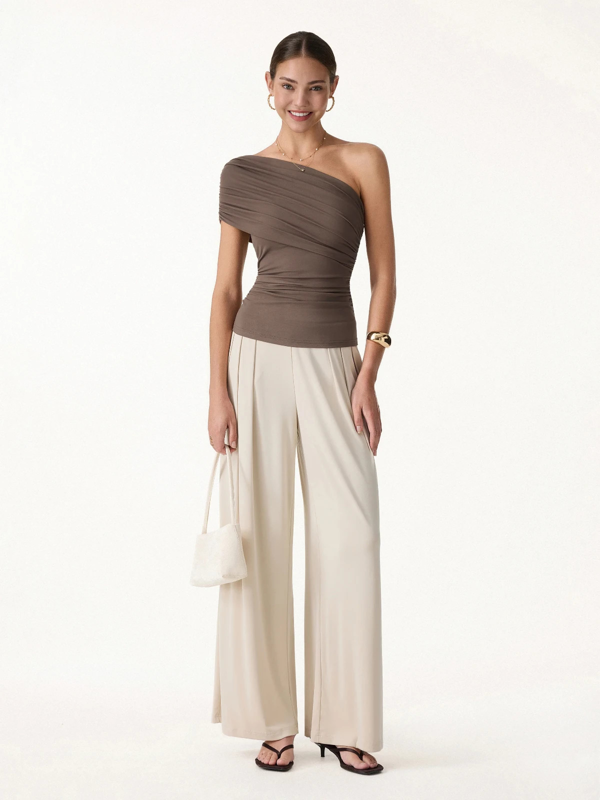 Women’s One Shoulder Gathered Bra Tank Top with Removable Pads, Chocolate Brown