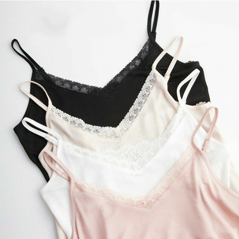 Lady Silk Lace Strappy Vest Camisole Tank Top Sleeveless T-shirt V Neck Cami Tee