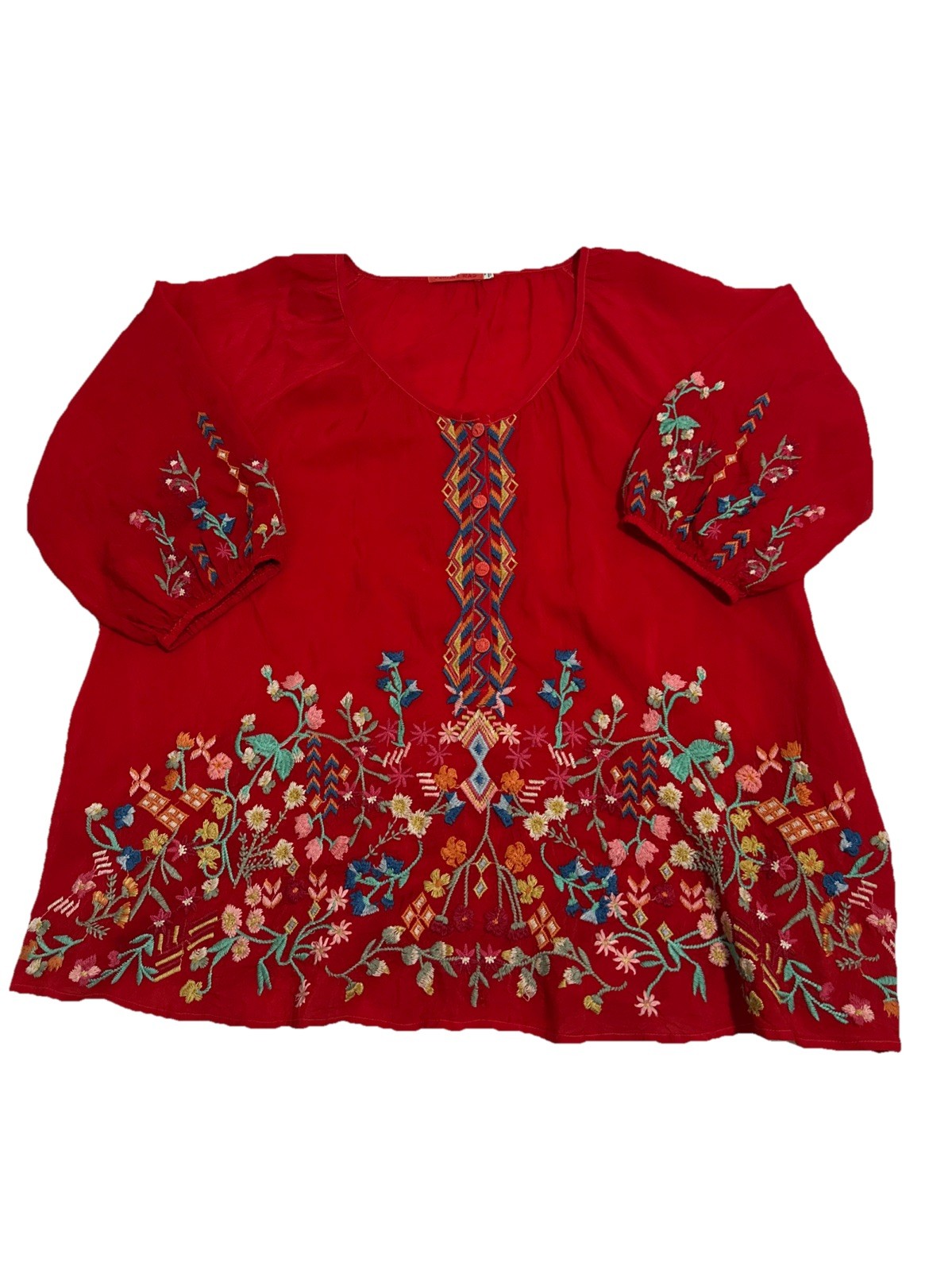 Johnny Was Womens Red Holiday Top Embroidered Boho Tunic Sz M See Details & Pics