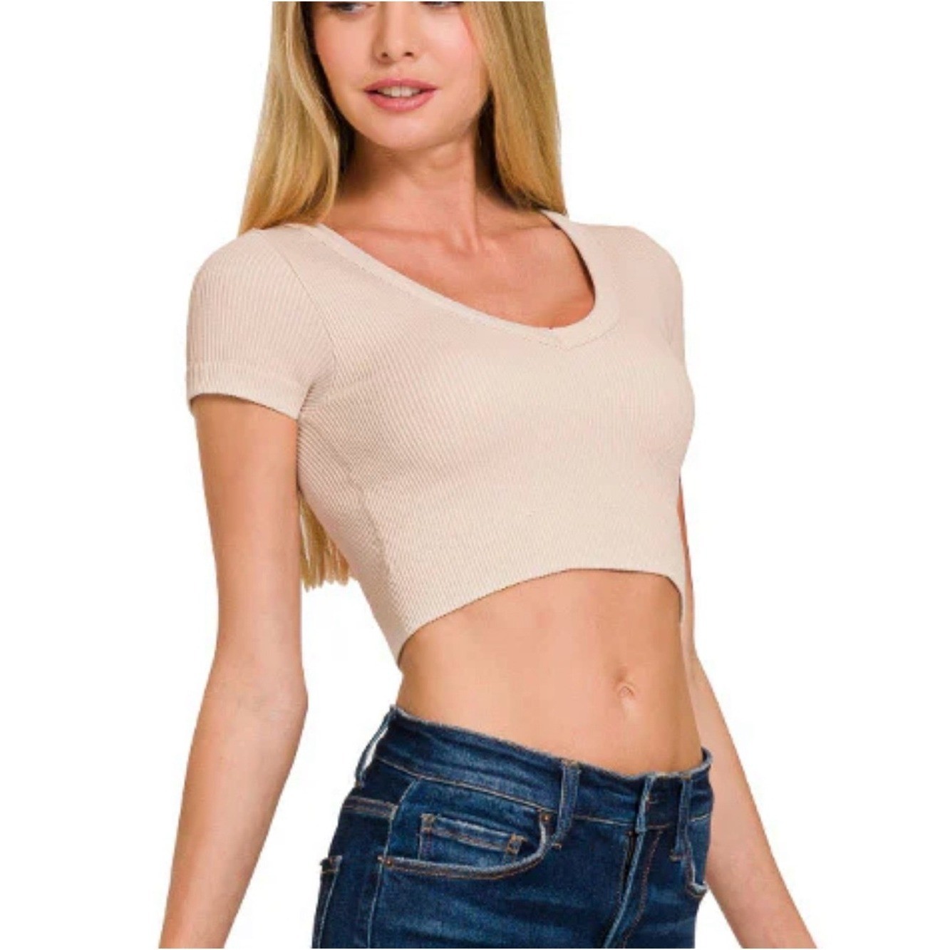 Ribbed V-Neck Crop Top – Beige