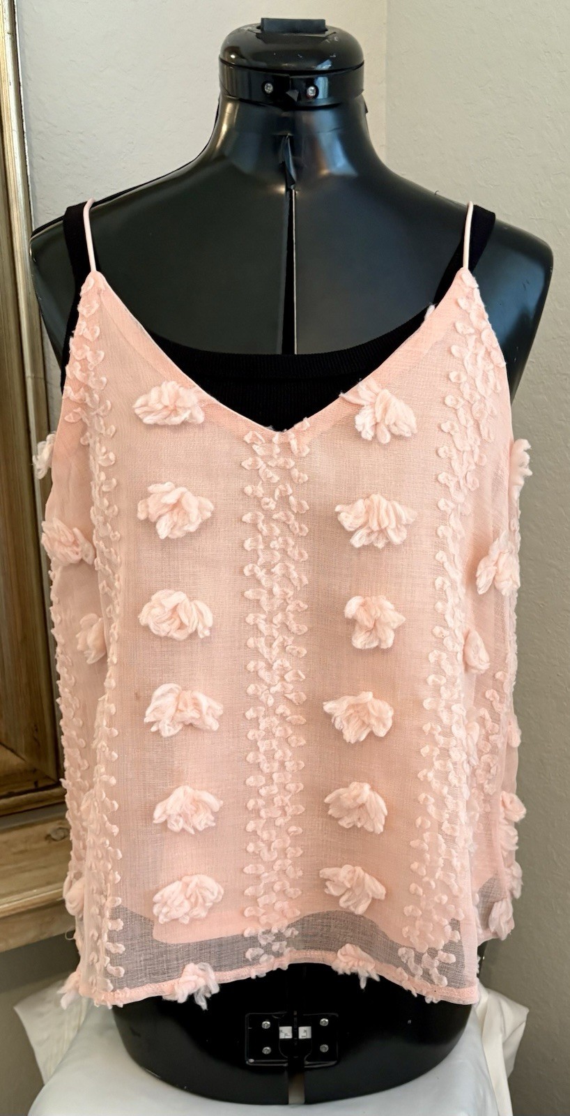 She + Sky Blush Pink Floral Textured Tank Top Sheer Sleeveless Blouse Size S