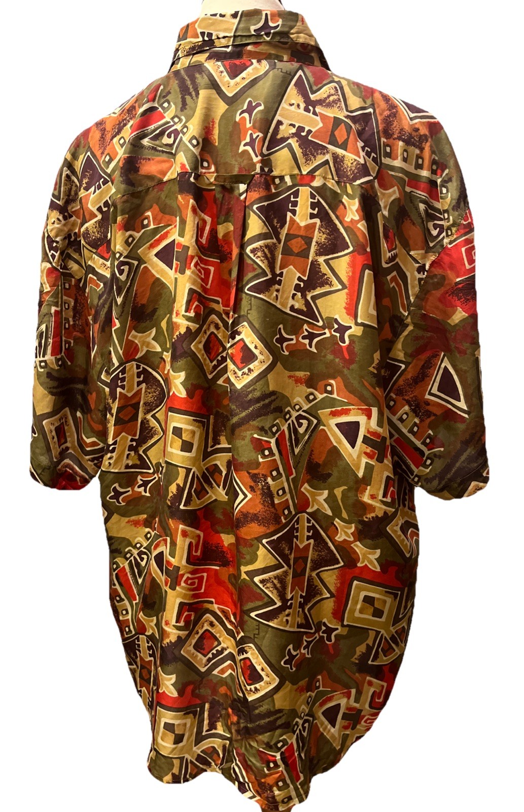 100% Silk Camp Shirt Y2K Large Button Up Gold Geometric Oversized Vintage