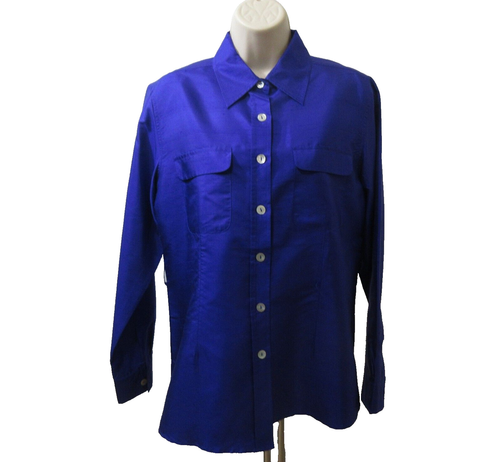 Silkland Blouse Sz S Pure Silk Button Front Purple Flap Pocket Long Sleeve Lined