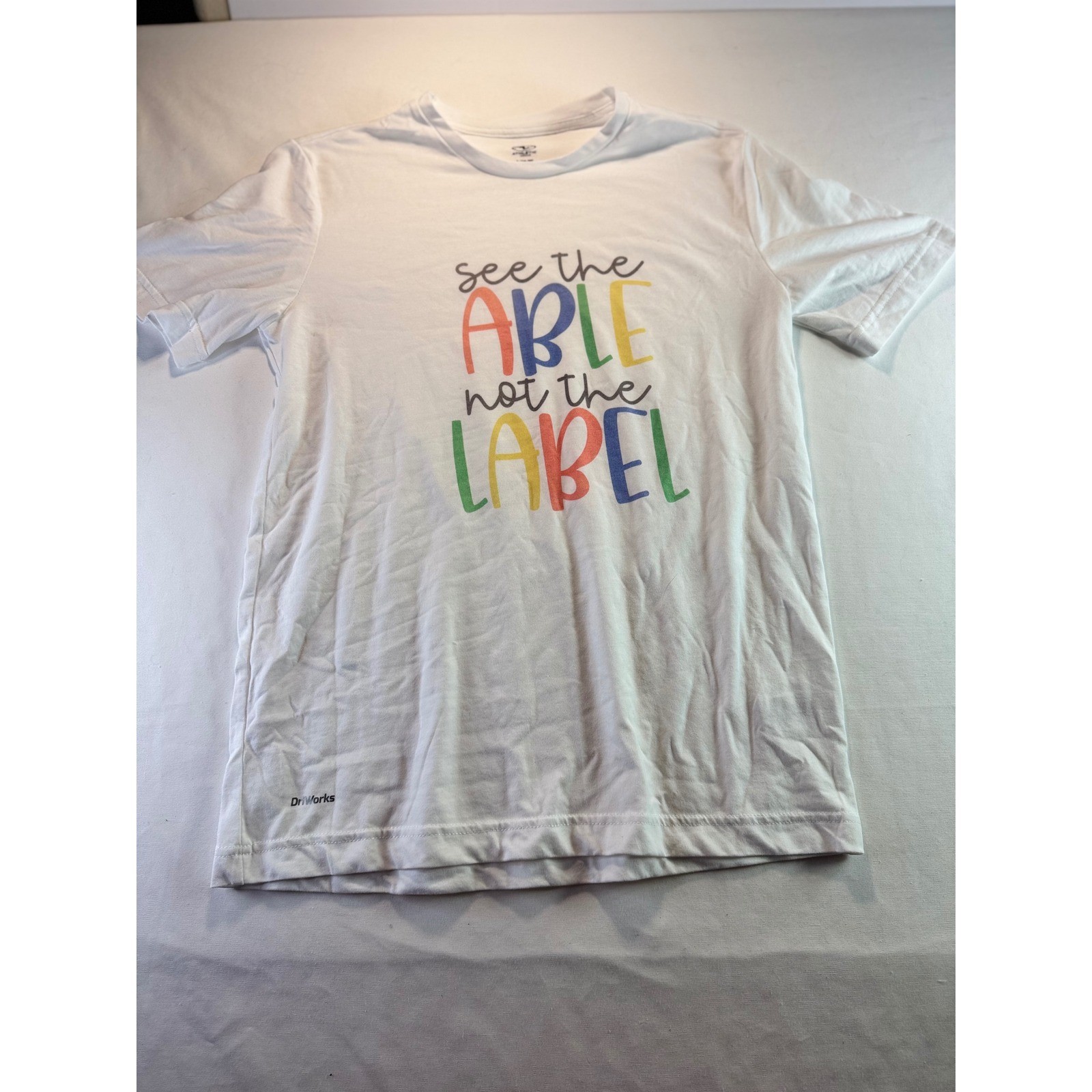 DriWorks Graphic Tee Womens Small White See the Able Not the Label Advocacy Top