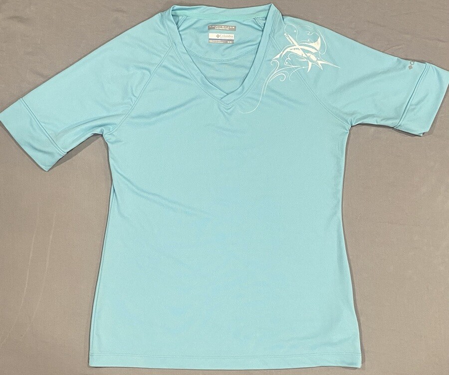 Columbia PFG Women’s T-Shirt M Blue Omni-Shade Sun Protection Dry Fit Beach Fish