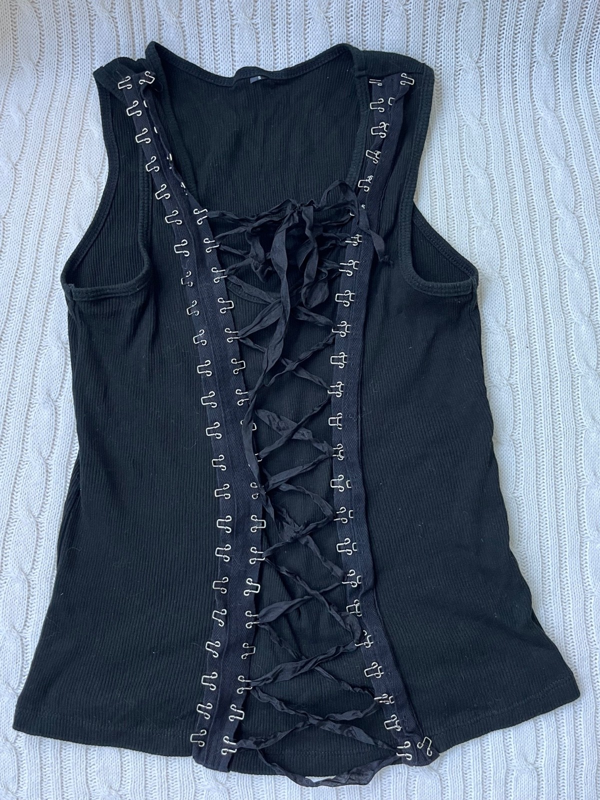 Hot Topic Y2K Black Lace Up Corset Metal Hook- and-Eye Closures Ribbed Top