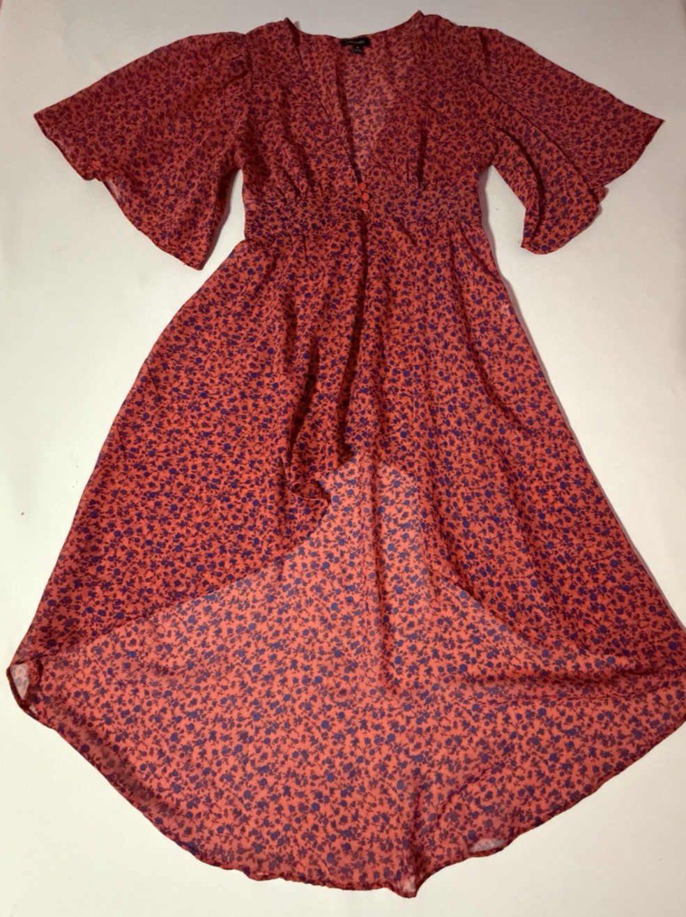 & Harmony Sheer Floral Open High-Low Cover Up Small Orange Blue