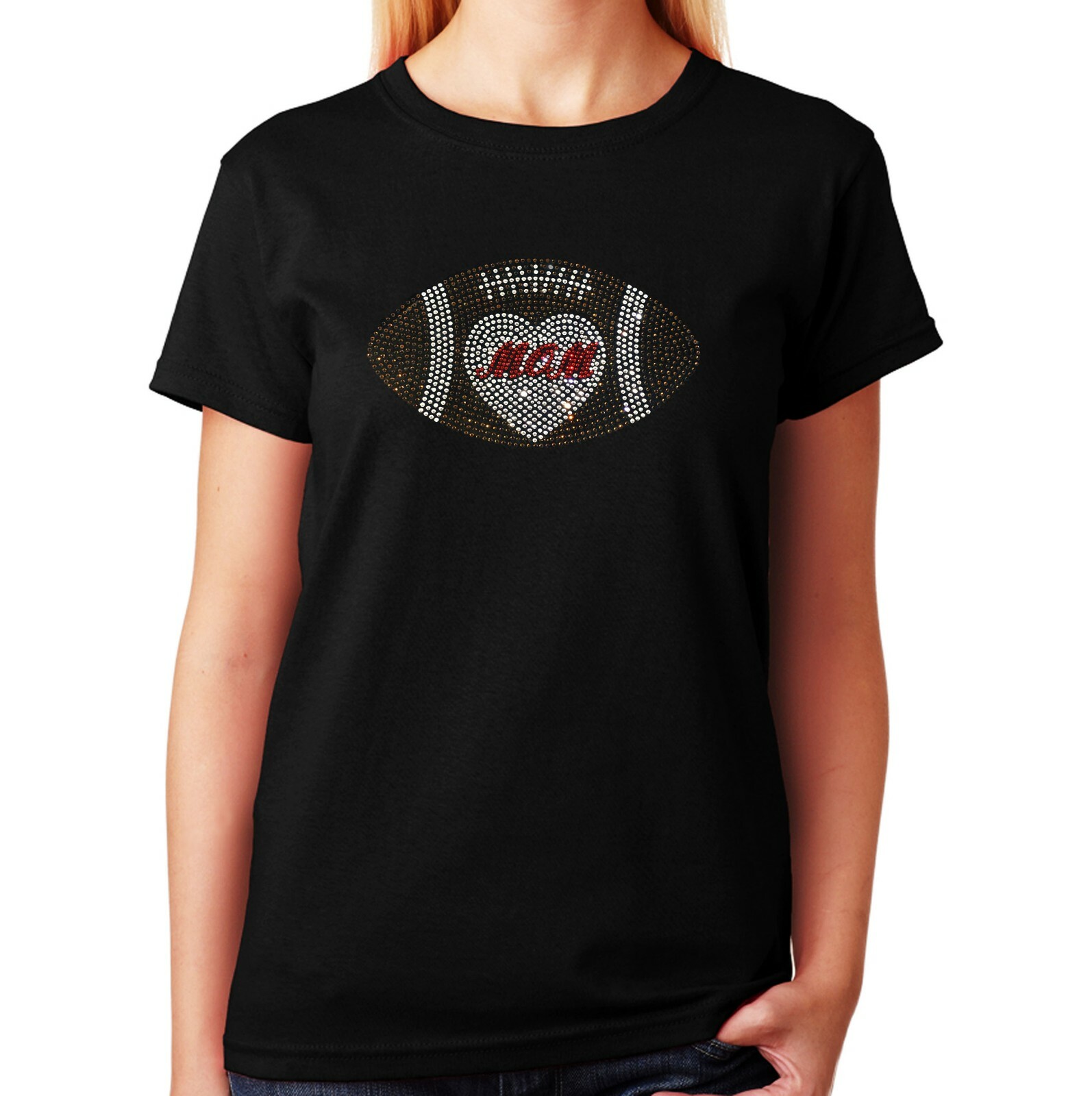 Women’s / Unisex Rhinestone T-shirt ” Football Mom Heart ” in Sm to 3XL