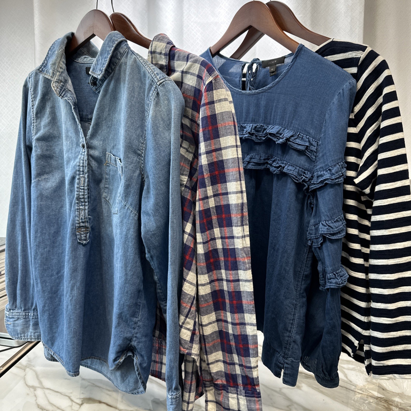 LOT 4 J Crew Women Long Sleeve Shirts Blouses denim plaid Fringe Large 10/12