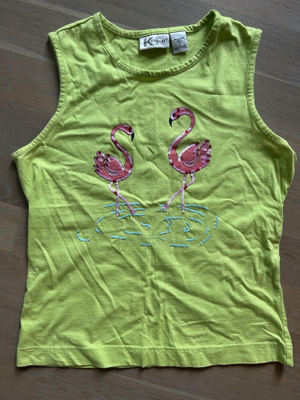 Vintage Kim Rogers Cotton Tank With Sequined Flamingoes (M)