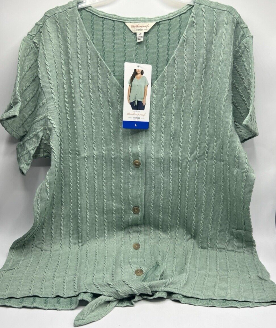Women’s Size Large Weatherproof Vintage Tie Front Top Short Sleeve Shirt Green