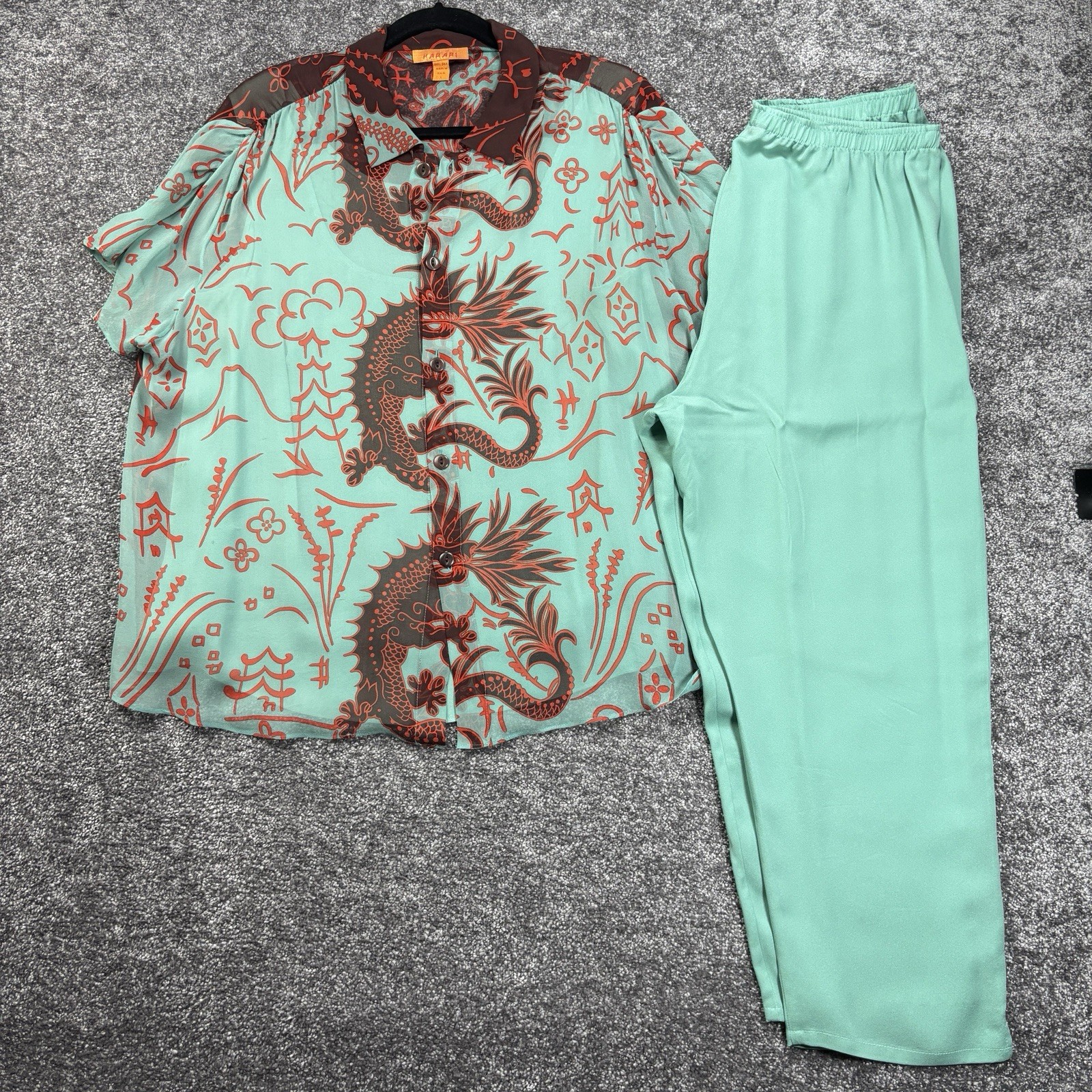 Harari Blouse & Pants 3 Piece Set Womens Large 100% Silk Asian Japanese Dragon