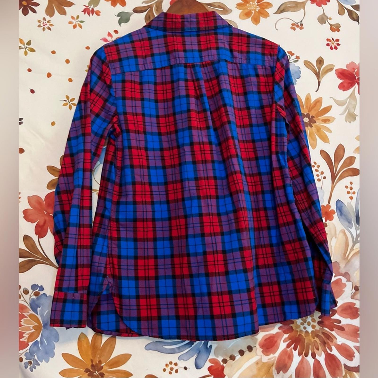 Talbots M Bright Red Deep Blue Plaid Flannel Spring Fall Winter Casual Shirt