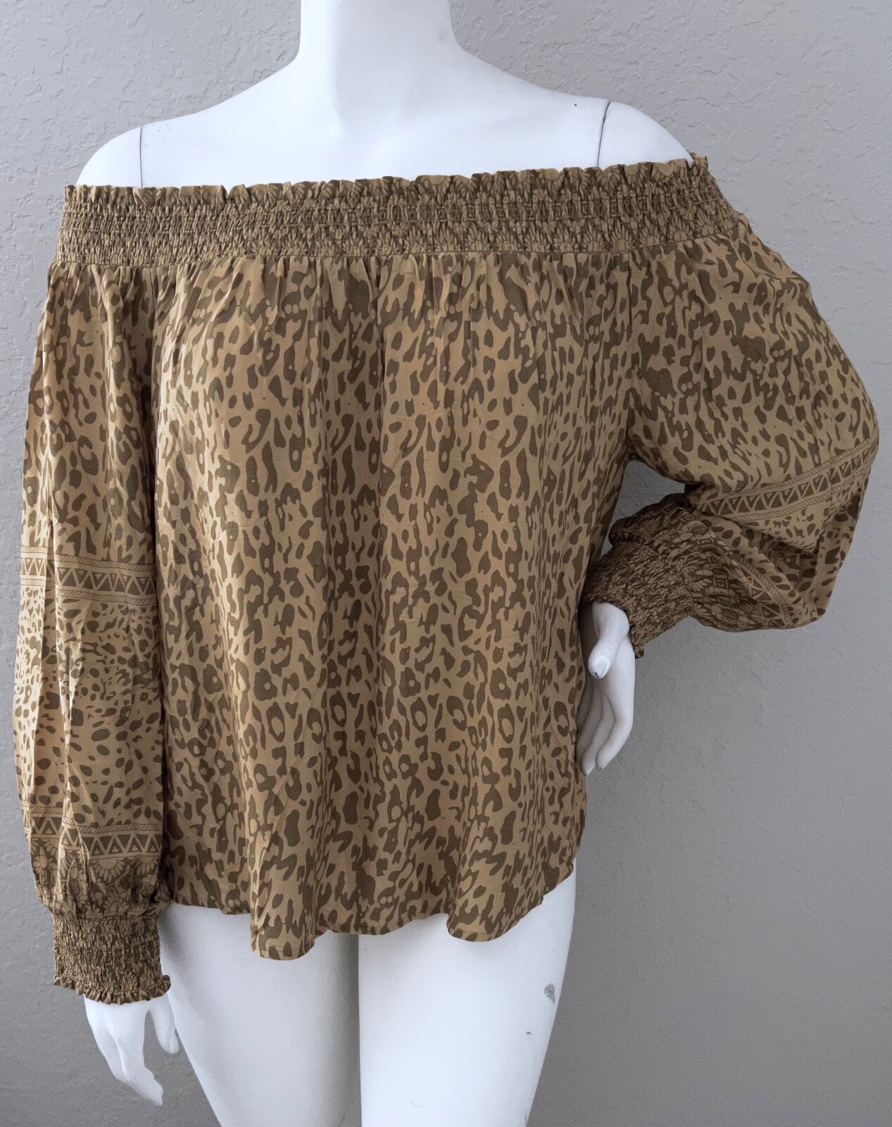 Umgee USA Animal Print On or Off Smock Shoulder Top Blouse Latte Plus XL 1XL 2XL