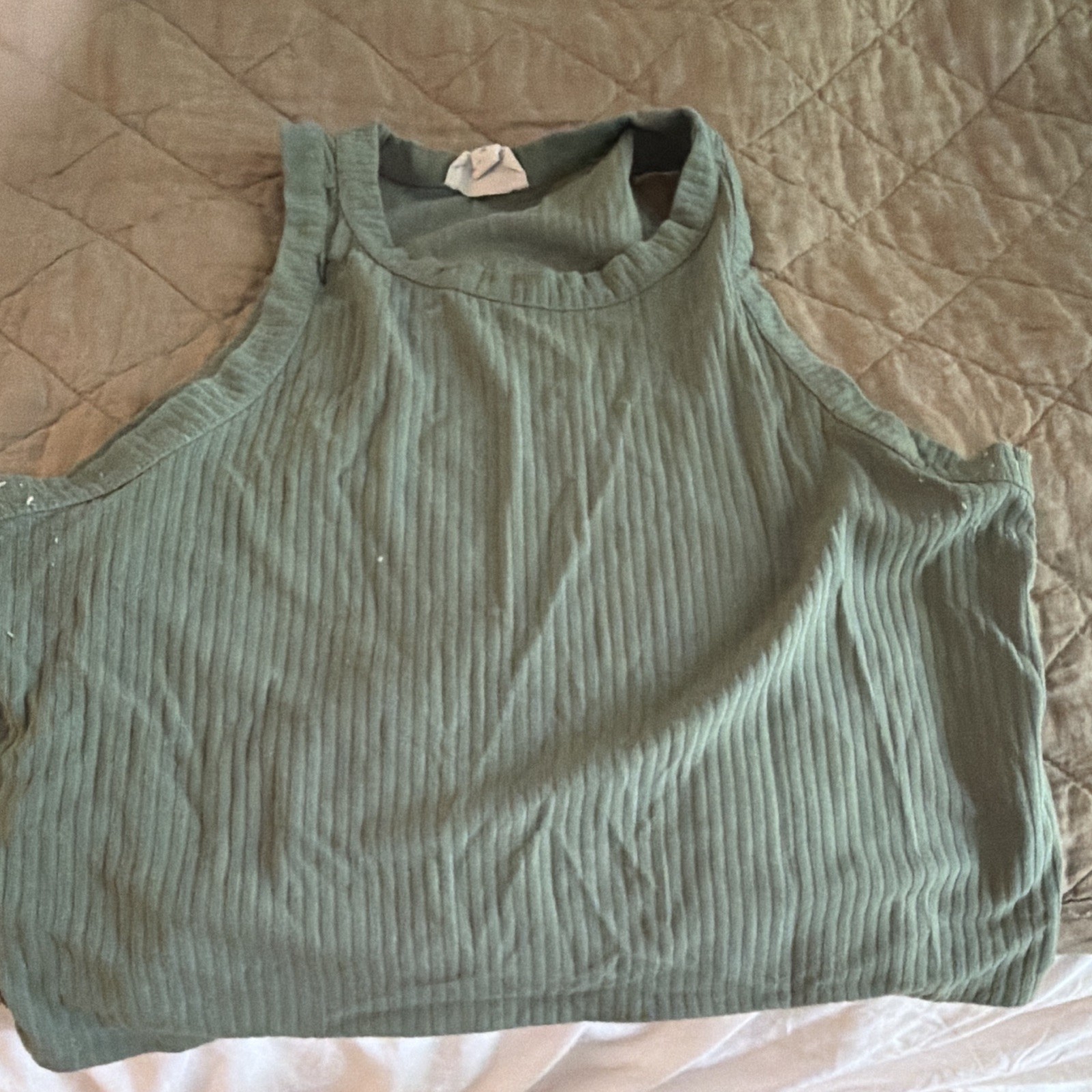 Open Edit Women’s Green Ribbed Knit Stretch Round Neck Sleeveless Tank Top XL