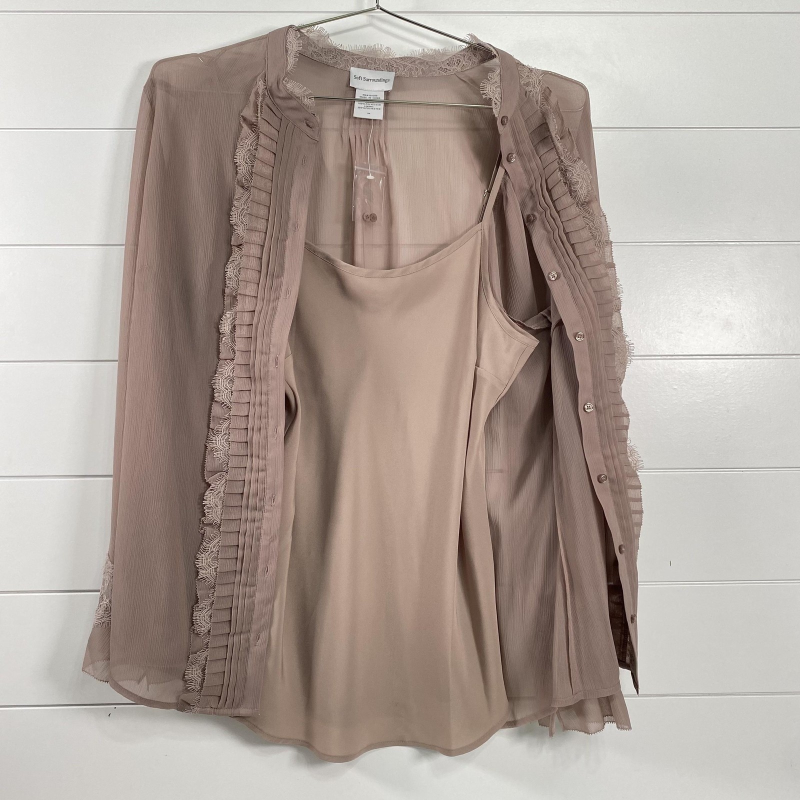 Soft Surroundings Shirt Womens Medium Mauve Pink Lace Pleated Sheer Blouse Top