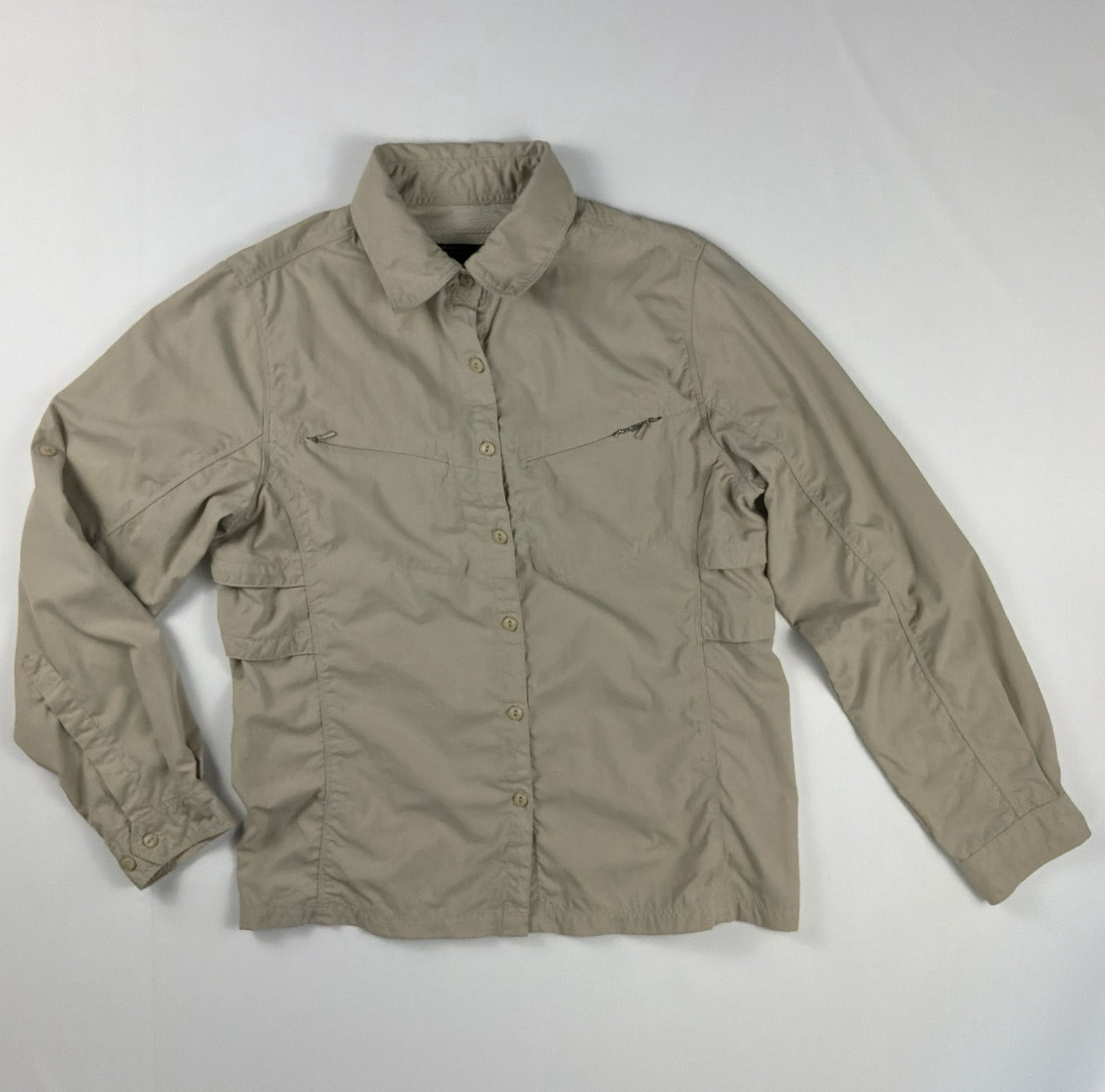 Eastern Mountain Sports Womens M Nylon Hiking Travel Shirt Roll-Tab Sleeve Khaki