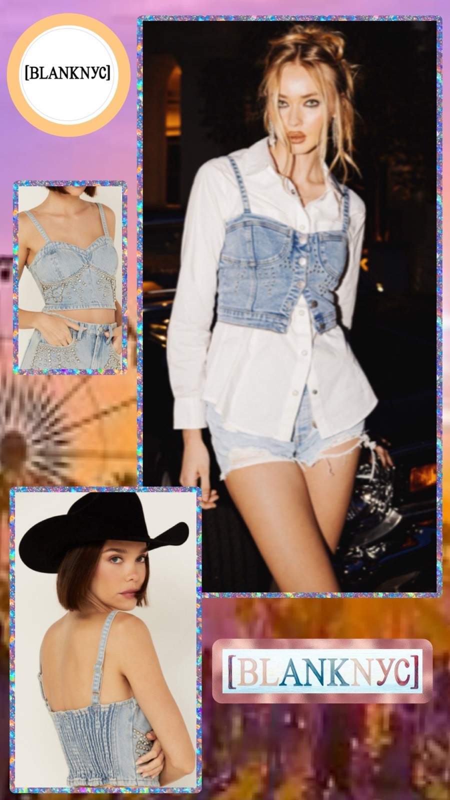 NWT BLANK NYC Light Wash Starstruck Embellished Denim Crop Top MED Festival Hot