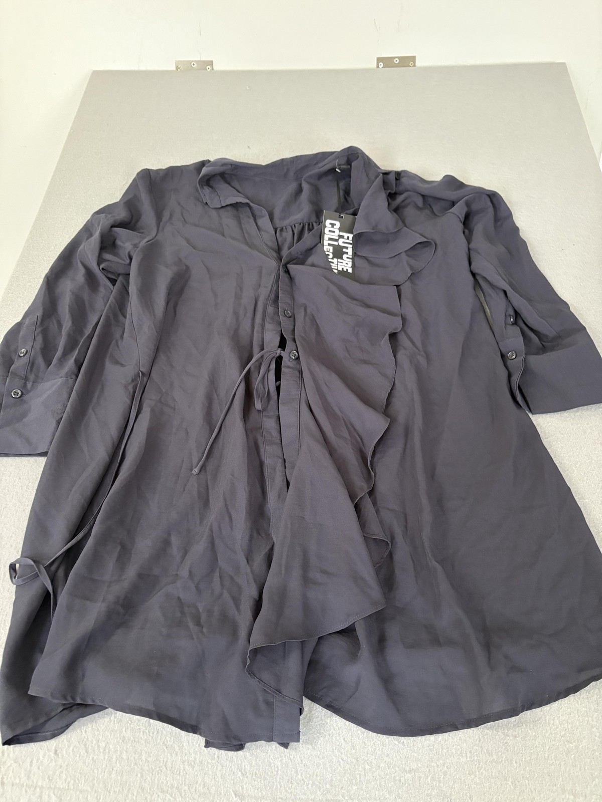 Future Collective Shirt Womens Large Gray Button Front Tie Waist Lightweight New