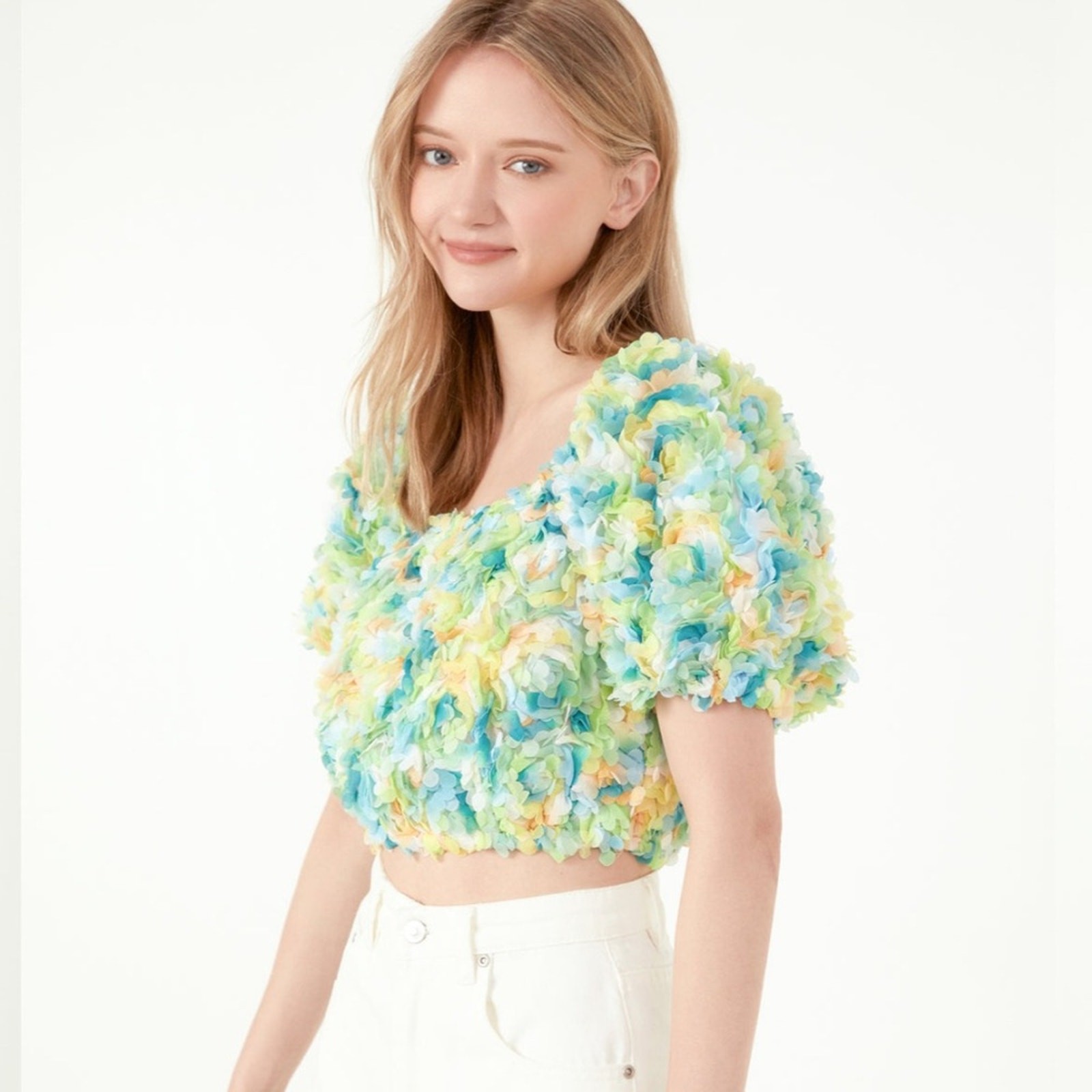 Free the Roses Multicolor Embellished Cropped Top Puffy Floral Size Large NWT