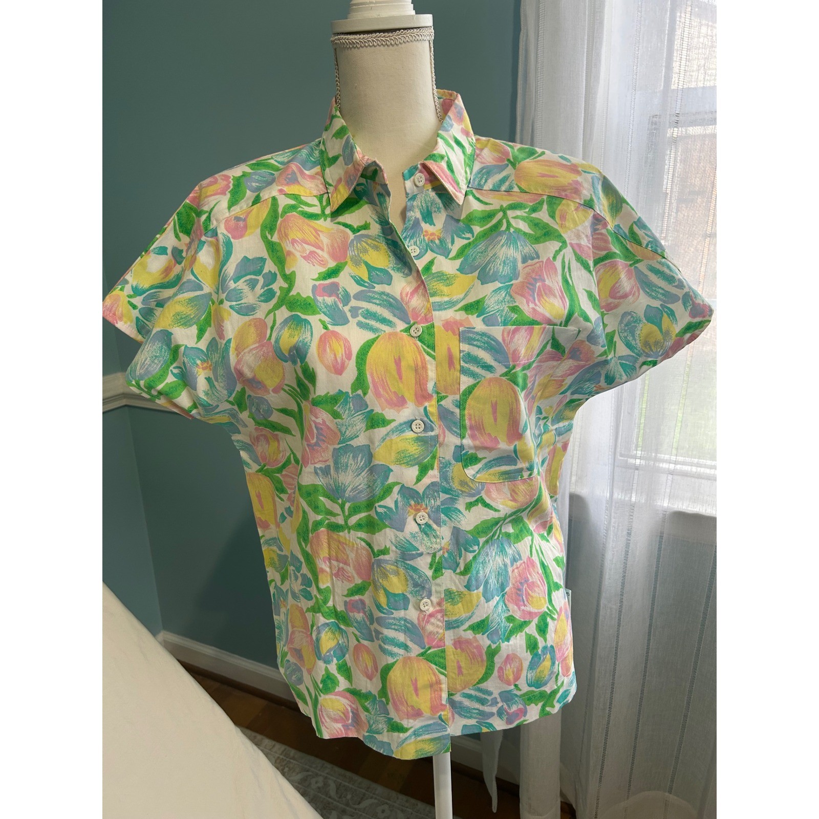 Pierre Cardin Vintage Floral Cotton Button Down Shirt Pastel Tulip Print Medium