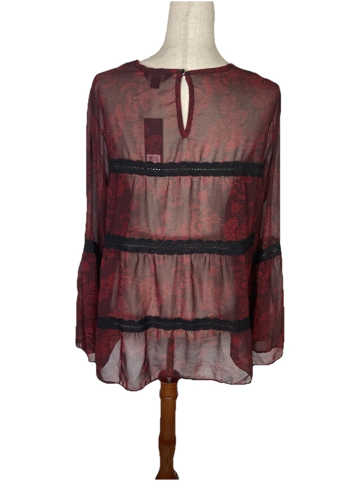 NWT GNW Black Red Floral Sheer Top SZ Large Flare Sleeve Dark Romantic Witchy