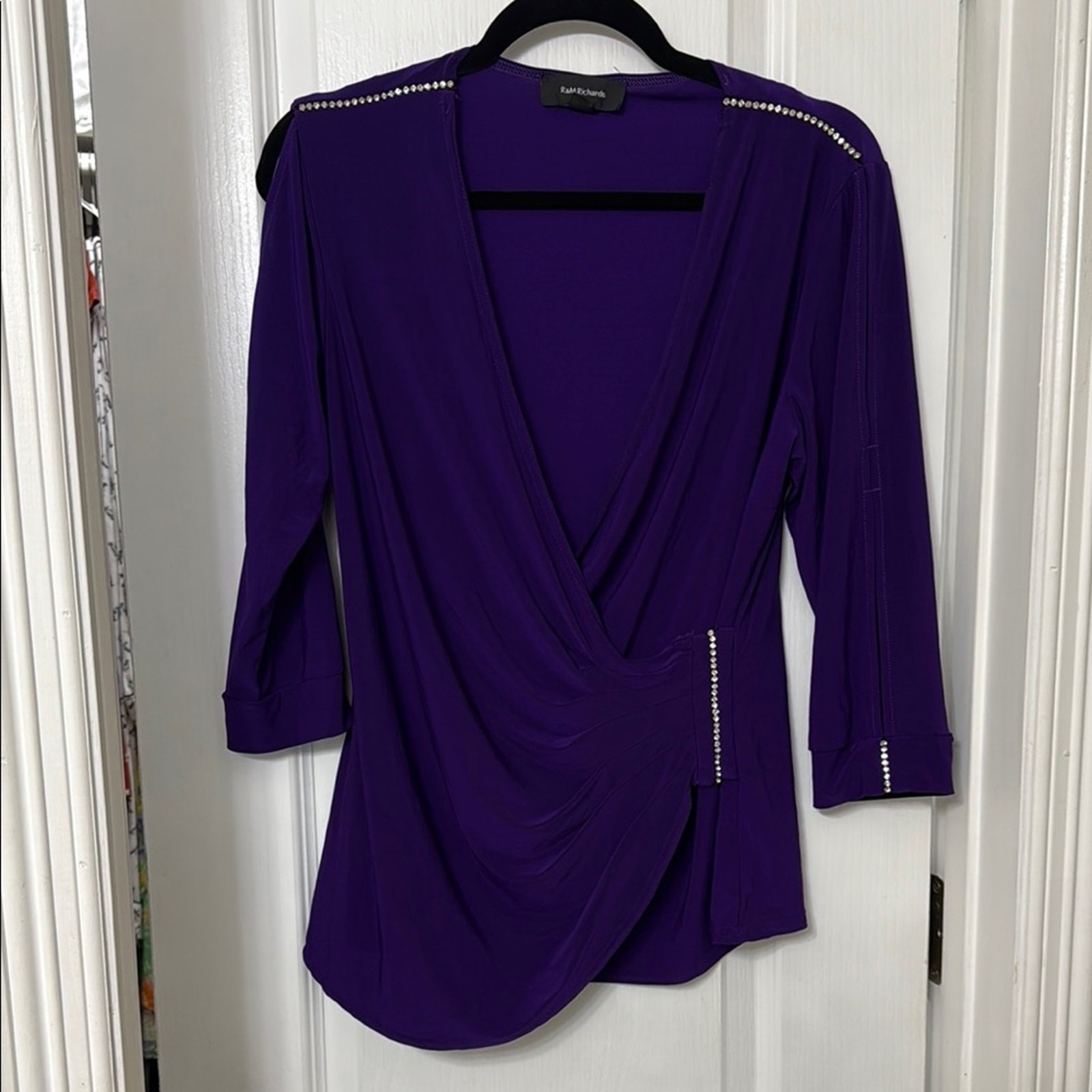 R&M Richard purple rhinestone cold shoulder top size L