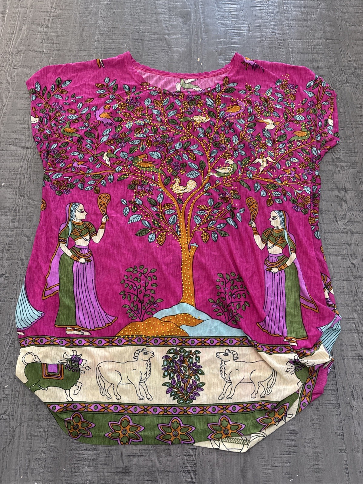 Tree of Life Silk Blouse Kalamkari Madhubani India Lady- Birds -Cow Gold Studded