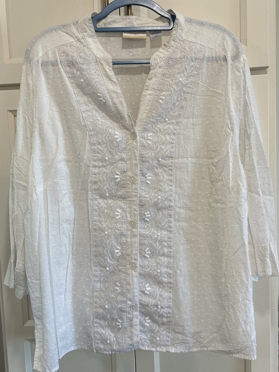 Alfred Dunner Embroidery Beaded Textured Swiss Dot Button Up Blouse Plus Sz 22W