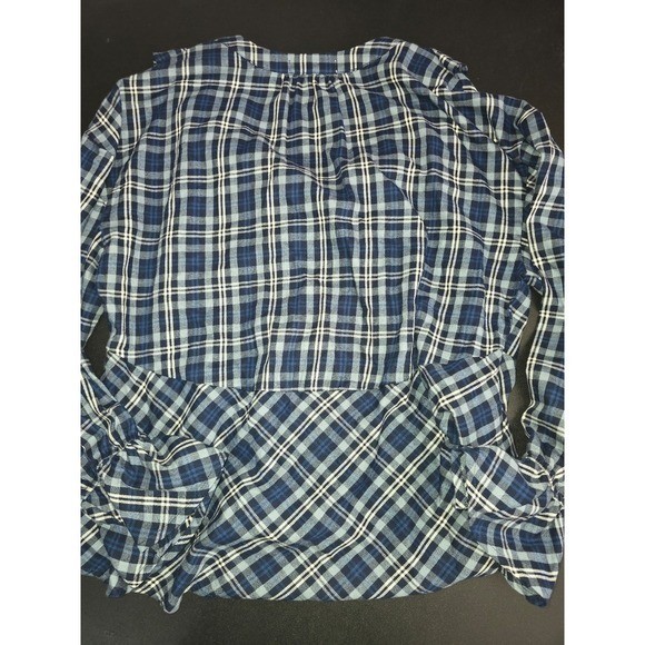 NWT Bunulu Blue Plaid Ruffle V-Neck Bell Sleeve Peplum Blouse (Size XL)