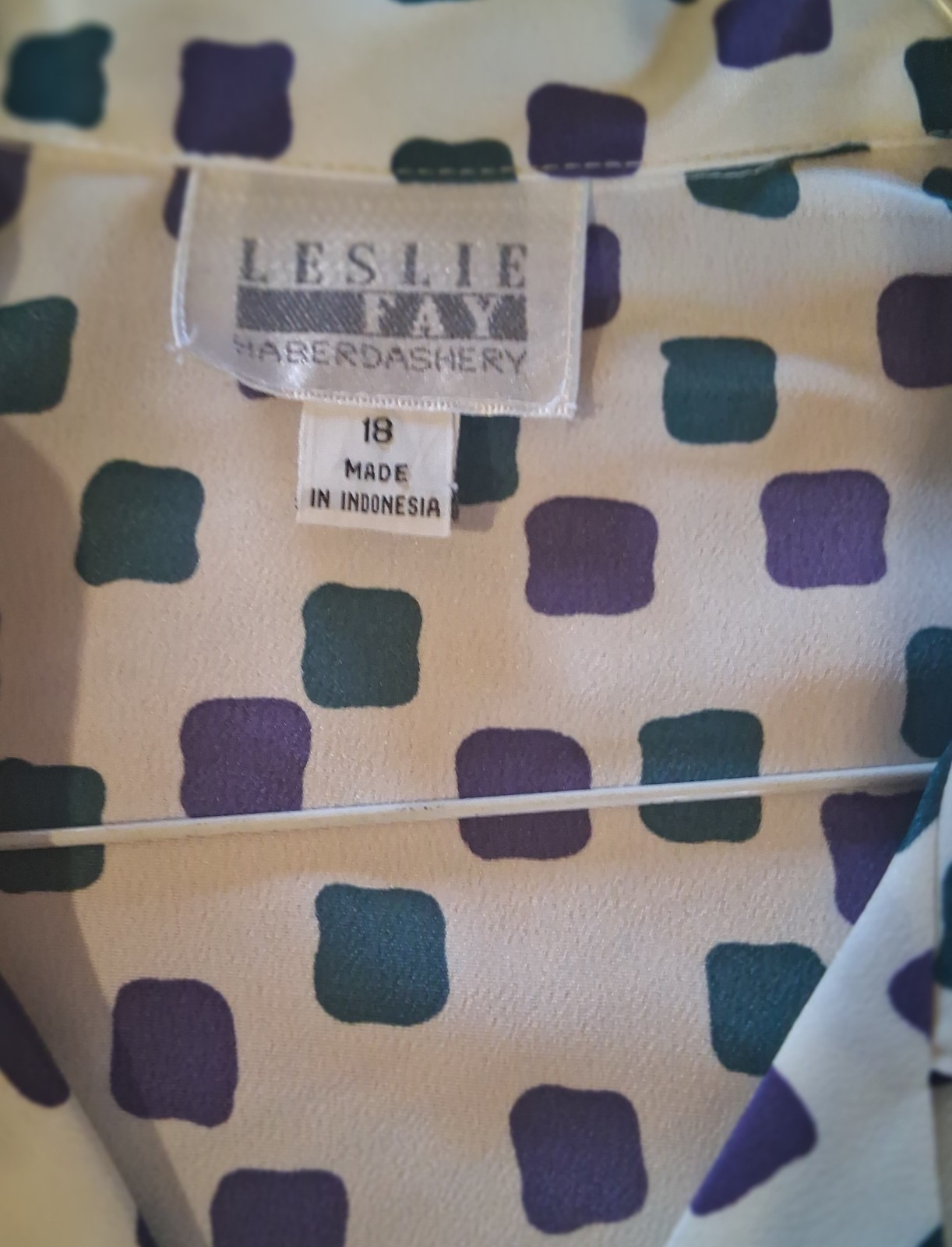 Vintage Leslie Fay Womens Off White Purple And Green Square Print Blouse Size 18