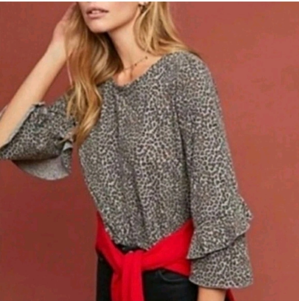T.La Anthropologie Leopard Animal Print Top Gray Black Cotton Rayon Size Small